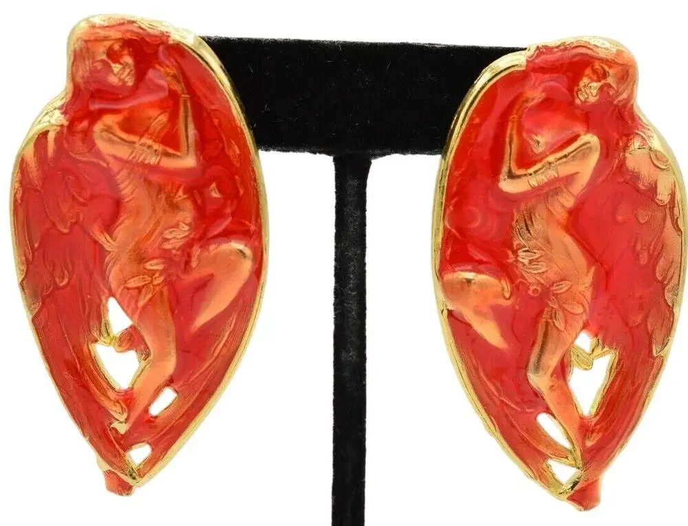 Vintage Abstract Artistic Angel Earrings Red Gold Enamel Metal Chunky NOS 80s 9L